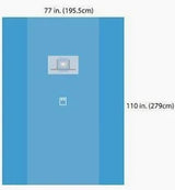 Blue rectangular shower curtain dimensions 77 by 110 inches, measuring chart.