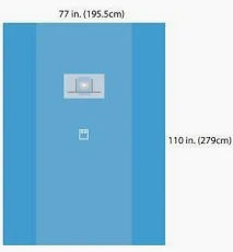 Blue rectangular shower curtain dimensions 77 by 110 inches, measuring chart.