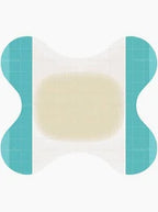 Adhesive medical bandage pad with teal backing, butterfly-shaped for wound care