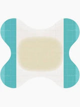 Adhesive medical bandage pad with teal backing, butterfly-shaped for wound care