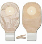 Two beige ostomy bags with closure strips for medical use on white background