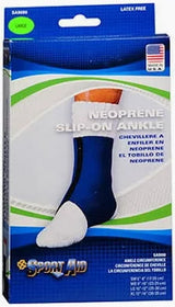 Neoprene slip-on ankle support in blue and white packaging for medical ankle brace.