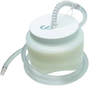 White medical suction canister with coiled handle and attached clear tubing on white background