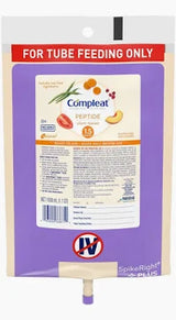 Compleat Peptide LS formula tube feeding pouch with nutrition label and feeding tube connector