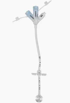 Sterile medical feeding tube with balloon end and measurement markings on white background