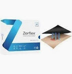 Zorflex wound care dressing and its layered structure on a medical bandage illustration.