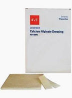 Calcium alginate dressing box with wound care pads for medical supply and home delivery.