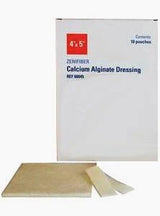 Calcium alginate dressing box with wound care pads for medical supply and home delivery.