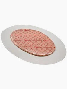Oval medical adhesive patch with red patterned backing on white background