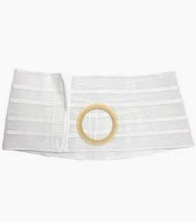 White ostomy support belt with circular opening for medical stoma care