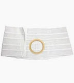 White ostomy support belt with circular opening for medical stoma care