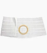 White ostomy support belt with circular opening for medical stoma care