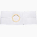 White ostomy belt with central round opening for medical stoma support