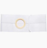 White ostomy belt with central round opening for medical stoma support