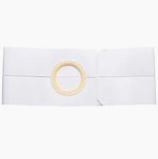White ostomy belt with central round opening for medical stoma support