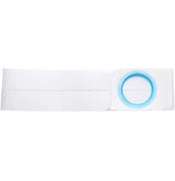 White medical ostomy belt with adjustable blue ring for ostomy bag support