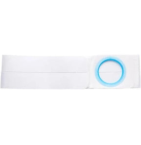 White medical ostomy belt with adjustable blue ring for ostomy bag support