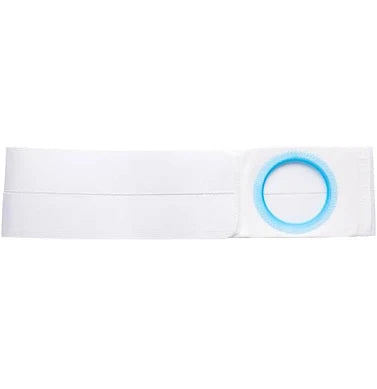 White medical ostomy belt with adjustable blue ring for ostomy bag support