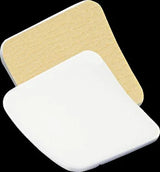 Two square adhesive wound dressings, one white and one beige, for medical use