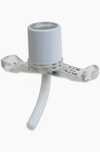 Medical tracheostomy tube with clear flange and curved, white cannula on white background