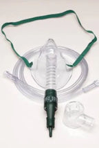 Oxygen mask with green strap and clear tubing for home medical respiratory care