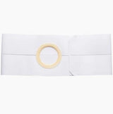 White ostomy belt with circular opening for medical support and comfort