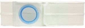 ostomy belt with adhesive barrier and blue ring for medical stoma support