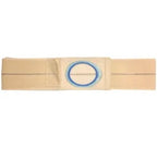 Beige ostomy support belt with adjustable strap and blue-ringed opening for medical supplies