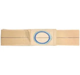 Beige ostomy support belt with adjustable strap and blue-ringed opening for medical supplies