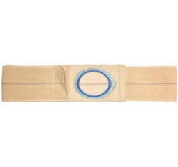 Beige ostomy support belt with adjustable strap and blue-ringed opening for medical supplies