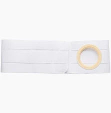 White ostomy belt with adjustable waistband and secure stoma opening for medical support