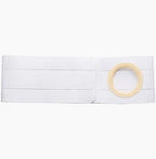 White ostomy belt with adjustable waistband and secure stoma opening for medical support