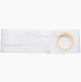 White ostomy belt with adjustable waistband and secure stoma opening for medical support