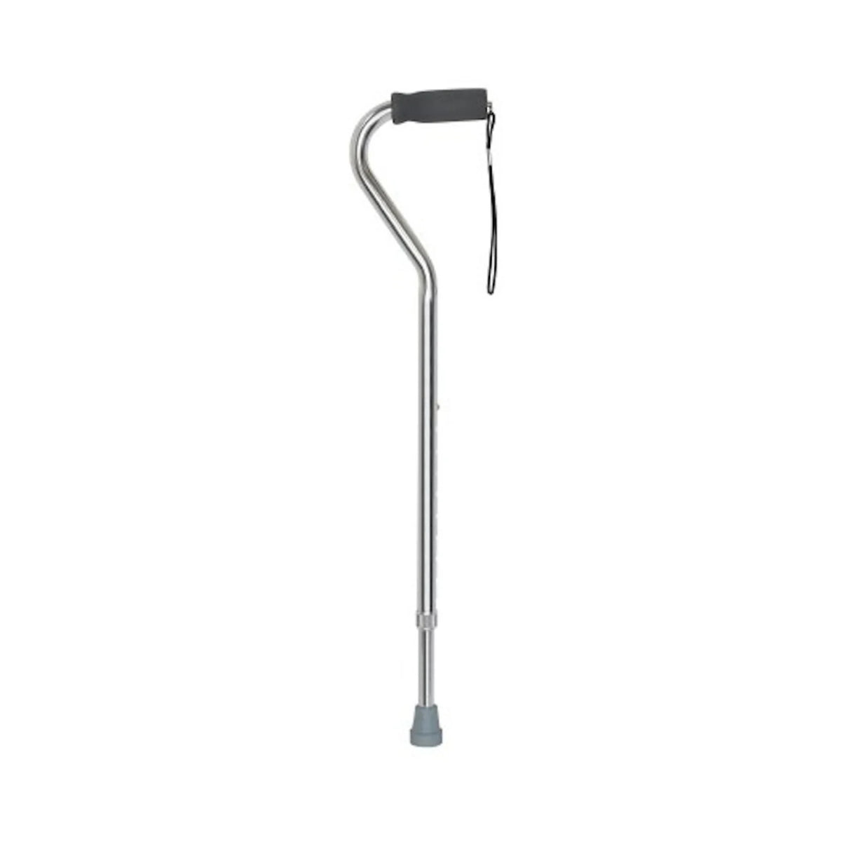 Silver aluminum offset cane with ergonomic handle and rubber tip for mobility support
