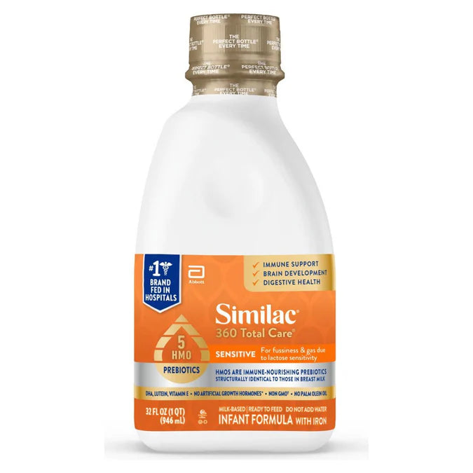 Similac 360 Total Care Sensitive 32 fl oz ready-to-feed infant formula bottle with prebiotics