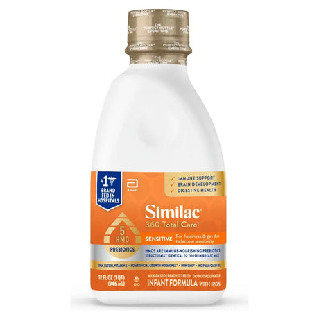 Similac 360 Total Care Sensitive 32 fl oz ready-to-feed infant formula bottle with prebiotics