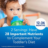 Toddler drinking from green sippy cup, with text about 28 important nutrients for ages 12-36 months.