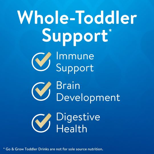 Whole-toddler support infographic with immune, brain, and digestive health checkmarks on blue