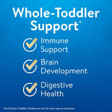 Whole-toddler support infographic with immune, brain, and digestive health checkmarks on blue