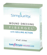 Simpurity Fibergel wound dressing pads 2x2 inch, box of 10 for wound care