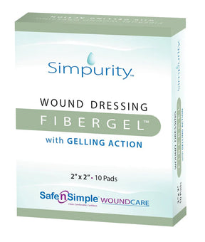 Simpurity Fibergel wound dressing pads 2x2 inch, box of 10 for wound care
