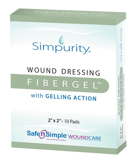 Simpurity Fibergel wound dressing pads 2x2 inch, box of 10 for wound care