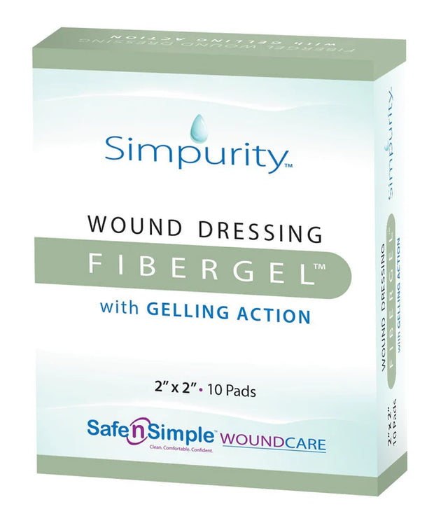 Simpurity Fibergel wound dressing pads 2x2 inch, box of 10 for wound care