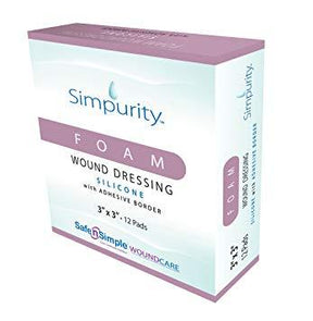 Box of Simpurity foam wound dressing silicone 3x3 inch with adhesive border for wound care