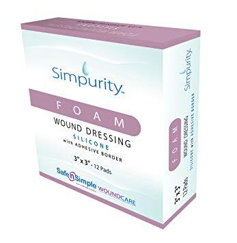 Box of Simpurity foam wound dressing silicone 3x3 inch with adhesive border for wound care