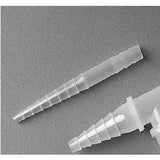 Clear medical tube connectors with stepped ends on a gray background, close-up view