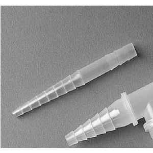 Clear medical tube connectors with stepped ends on a gray background, close-up view