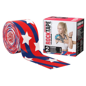 Red, white and blue star pattern kinesiology tape roll next to product box.