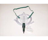 Oxygen mask kit with green strap, tubing, and adjustable flow valve for respiratory support