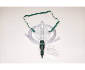 Oxygen mask kit with green strap, tubing, and adjustable flow valve for respiratory support